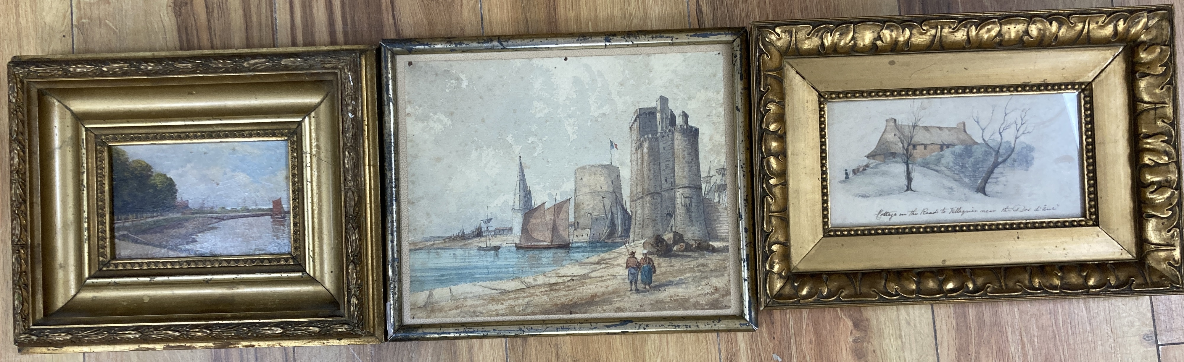 19th century English School, watercolour, Cottage on the road to Villequaire, 9 x 18cm, a watercolour French harbour scene, and a small oil, Riverscape